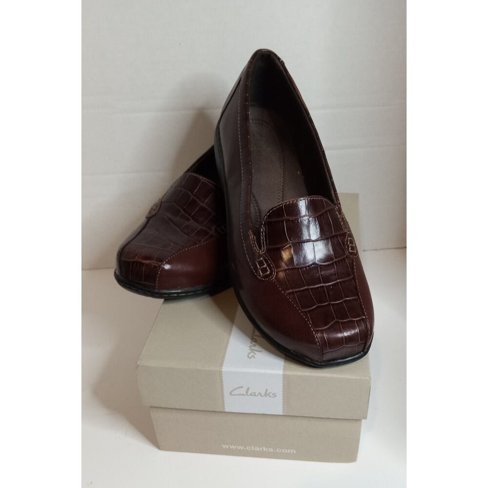 NIB CLARKS BAYOU Women Shoes Loafers Brown Leather Croc Embossed Bendables Q 8ww